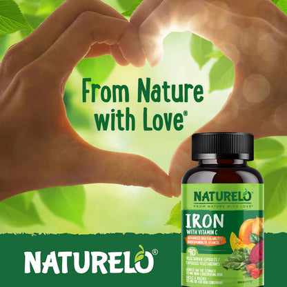 NATURELO Vegan Iron Supplement with Vitamin C and Organic Whole Foods, 90 Capsules, Gentle Iron Capsules for Women & Men with this Mineral Deficiency - Including Pregnancy, Anemia and Vegan Diets - Available at All In One Marketplace Canada