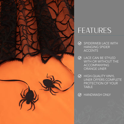 Elrene Home Fashions Crawling Halloween Spider Lace Lined Tablecloth, 70" Round, Black/Orange