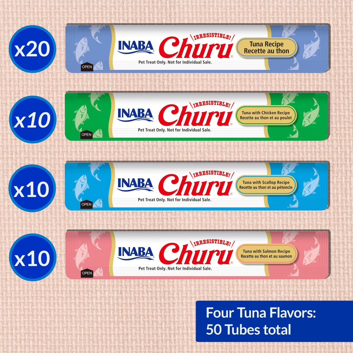 INABA Churu Cat Treats, Grain-Free, Lickable, Squeezable Creamy Purée Cat Treat/Topper with Vitamin E & Taurine, 0.5 Ounces Each Tube - 50 Tubes (Pack of 1) Tuna Variety