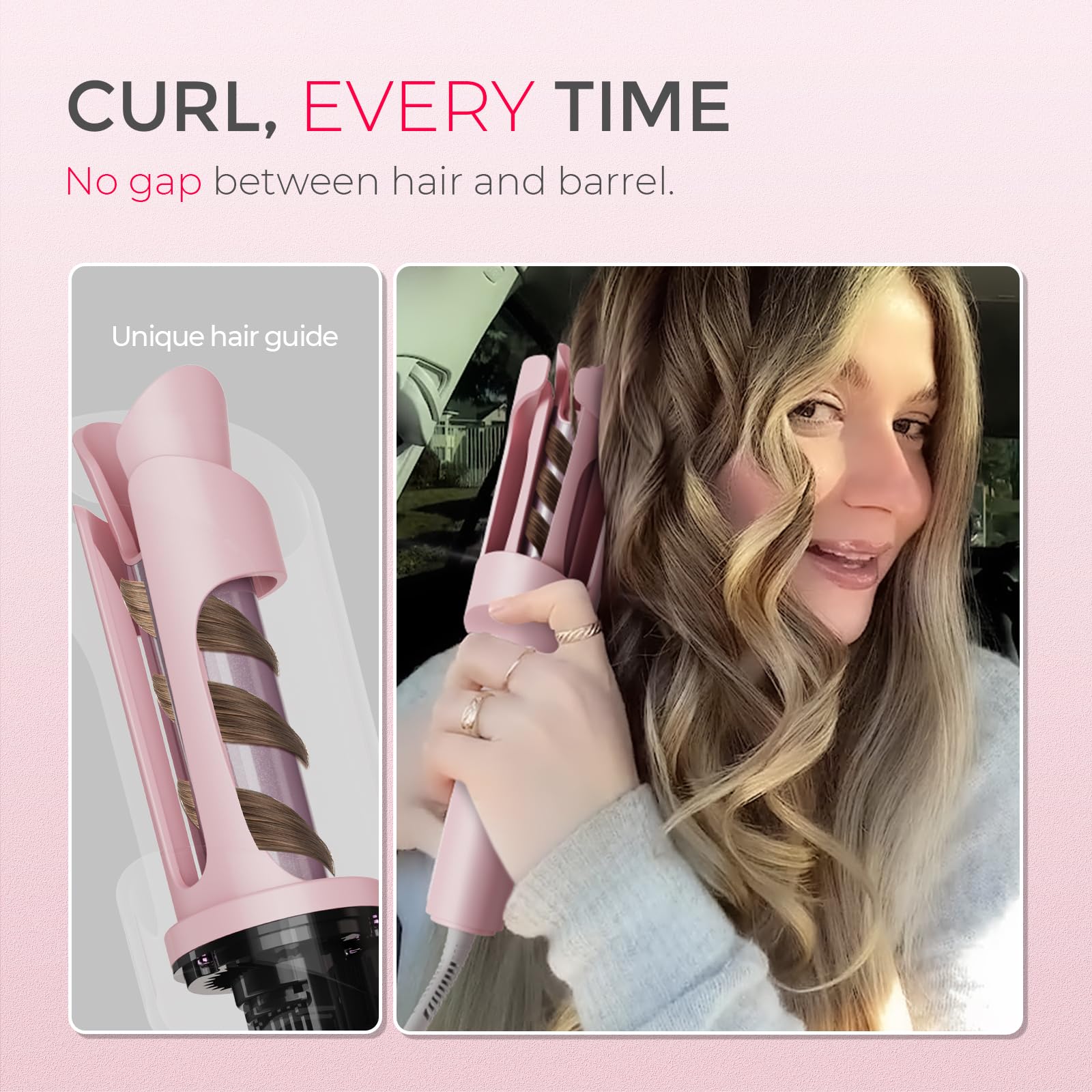 TYMO CURLPRO Automatic Rotating Curling Iron - Beach Waves Curling Wand, Portable Hair Curler, 500 Million Ionic, Dual Voltage & Lightweight for Travel, Ceramic Coating, Pink 1 inch