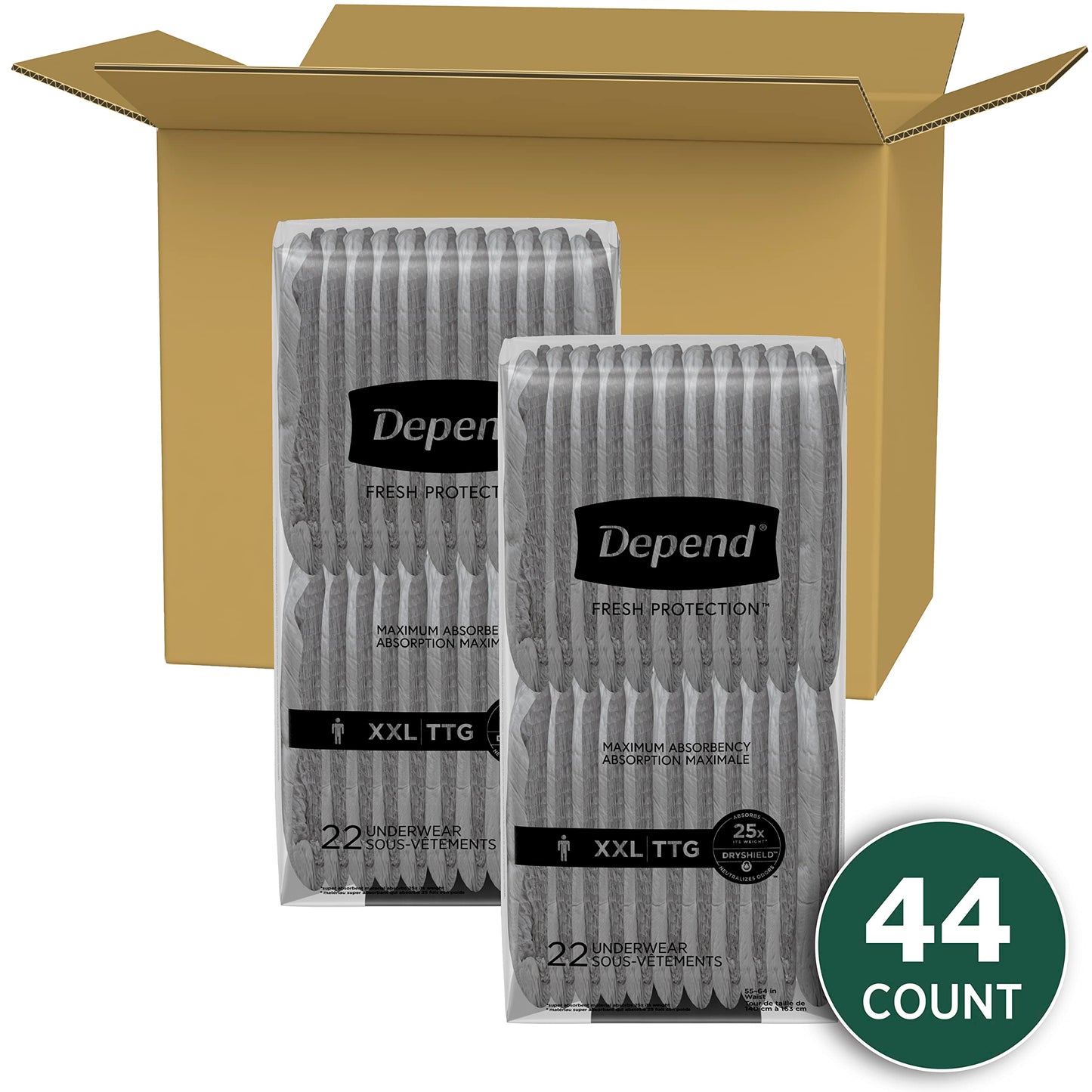 Depend Fresh Protection Adult Incontinence Underwear for Men (Formerly Depend Fit-Flex), Disposable, Maximum, Extra-Extra-Large, Grey, 44 Count (2 Packs of 22) 🍁 All In One Marketplace Canada