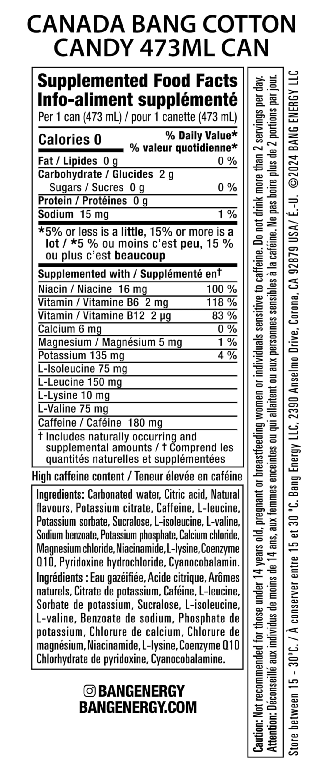 BANG ENERGY Cotton Candy, 473 mL Cans (12 Pack) – Zero Sugar, Zero Calorie Energy Drink VPX Bang