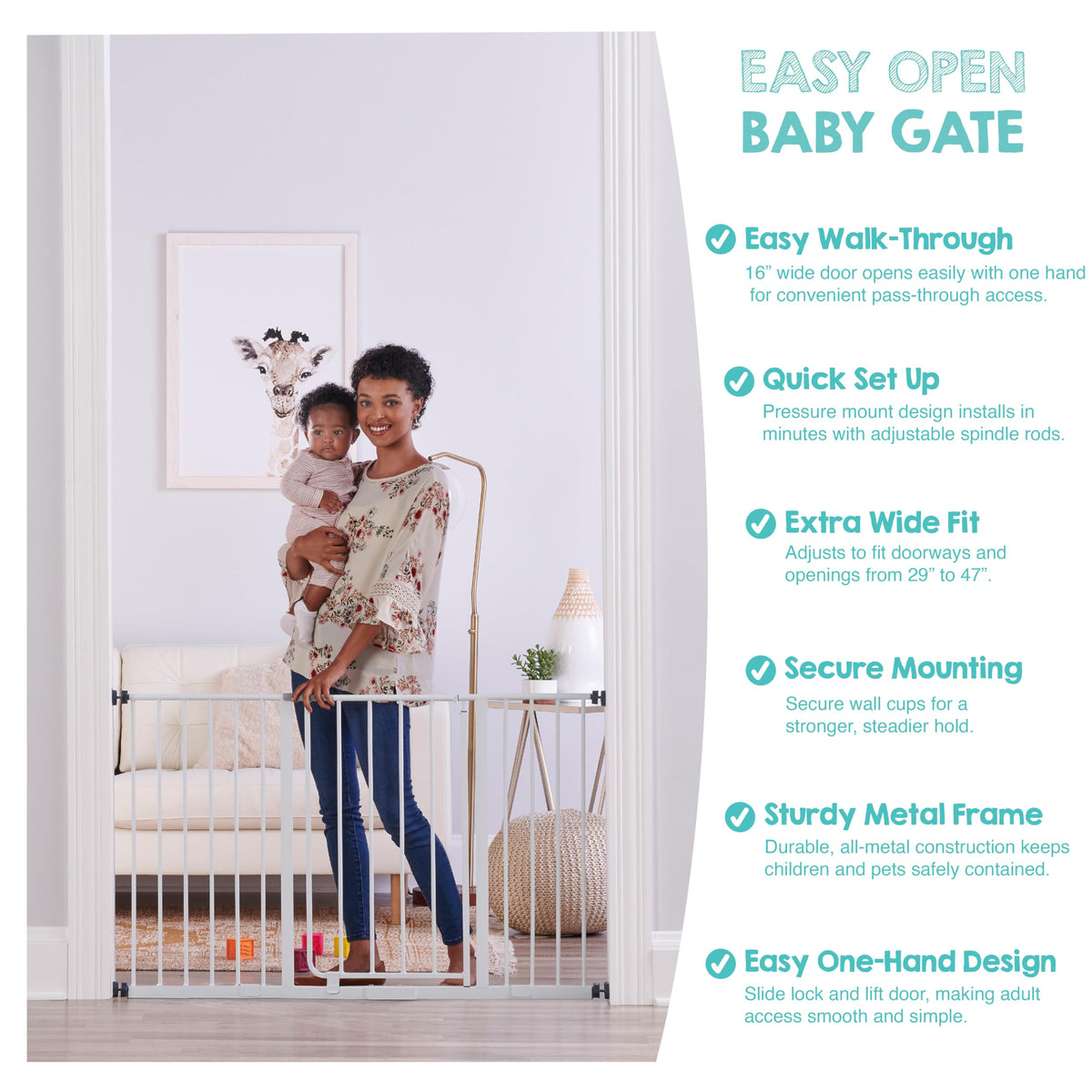 Regalo Easy Open 47-Inch Super Wide Walk Thru Baby Gate, Bonus Kit, Includes 4-Inch and 12-Inch Extension Kit, 4 Pack Pressure Mount Kit and 4 Wall Cups and Mounting Kit, White, 11 Count (Pack of 1)
