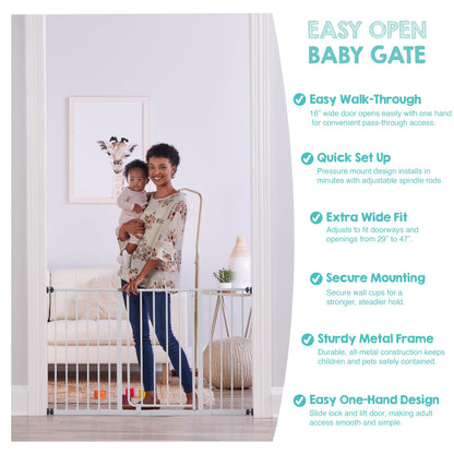 Regalo Easy Open 47-Inch Super Wide Walk Thru Baby Gate, Bonus Kit, Includes 4-Inch and 12-Inch Extension Kit, 4 Pack Pressure Mount Kit and 4 Wall Cups and Mounting Kit, White, 11 Count (Pack of 1)
