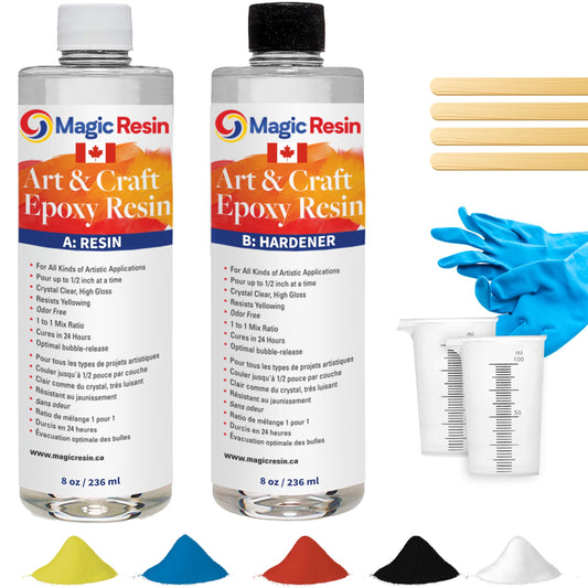 Epoxy Resin Kit for Art & Craft | 16oz (473ml) | UV Resistant | Clear Epoxy Resin | Jewelry, Earrings, Coasters, Casting, Molding, Crafting & more | Includes 2 pairs of gloves, 2 cups, 4 sticks & mica