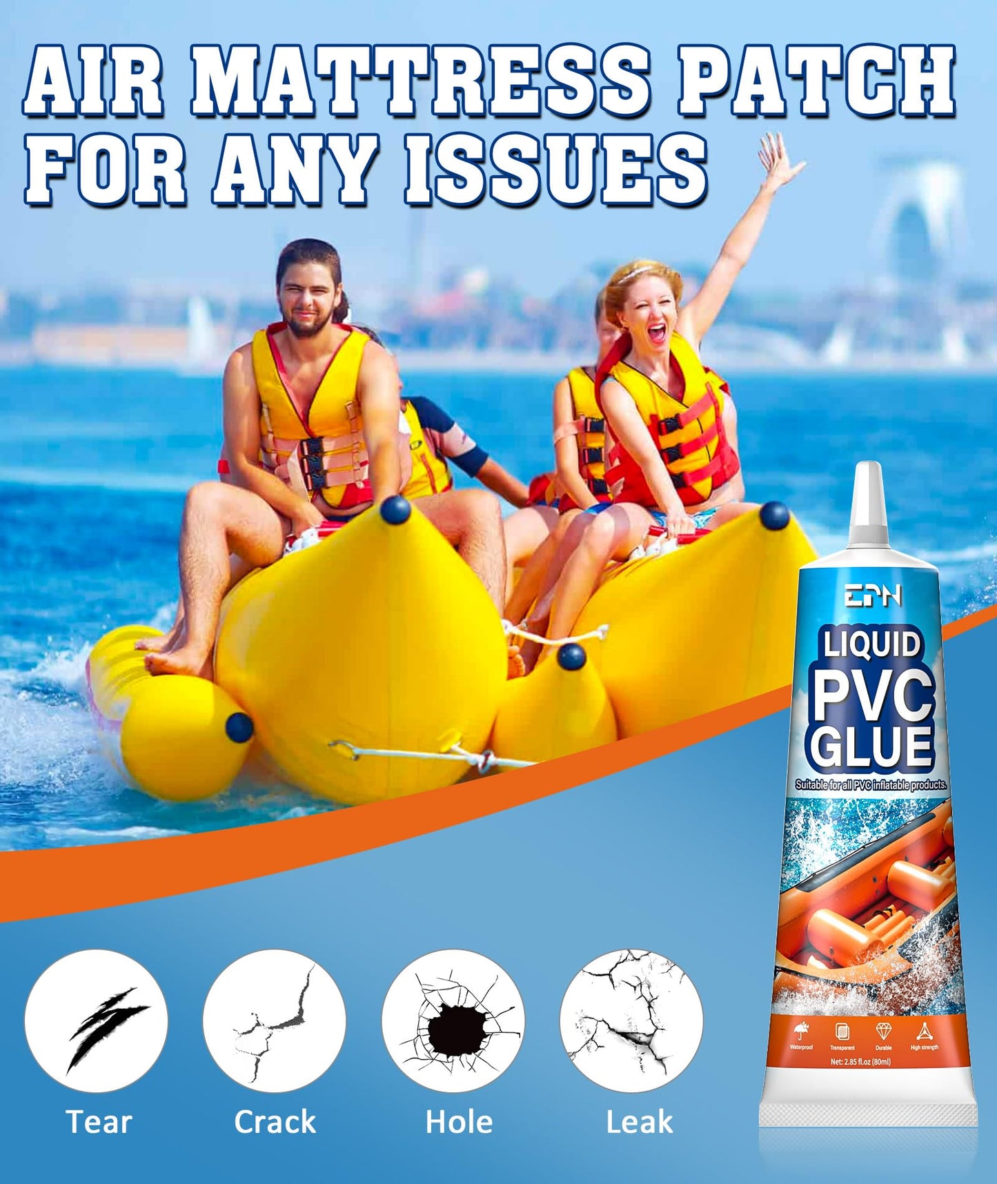 EPN Air Mattress Patch Kit, Waterproof Vinyl Pool Liner Repair Kit for Inflatables, Air Mattress, Swimming Ring, Tent, Bounce House, Inflatable Toys, Hot Tub, PVC Boat, Raft, Kayak (80ml*1)