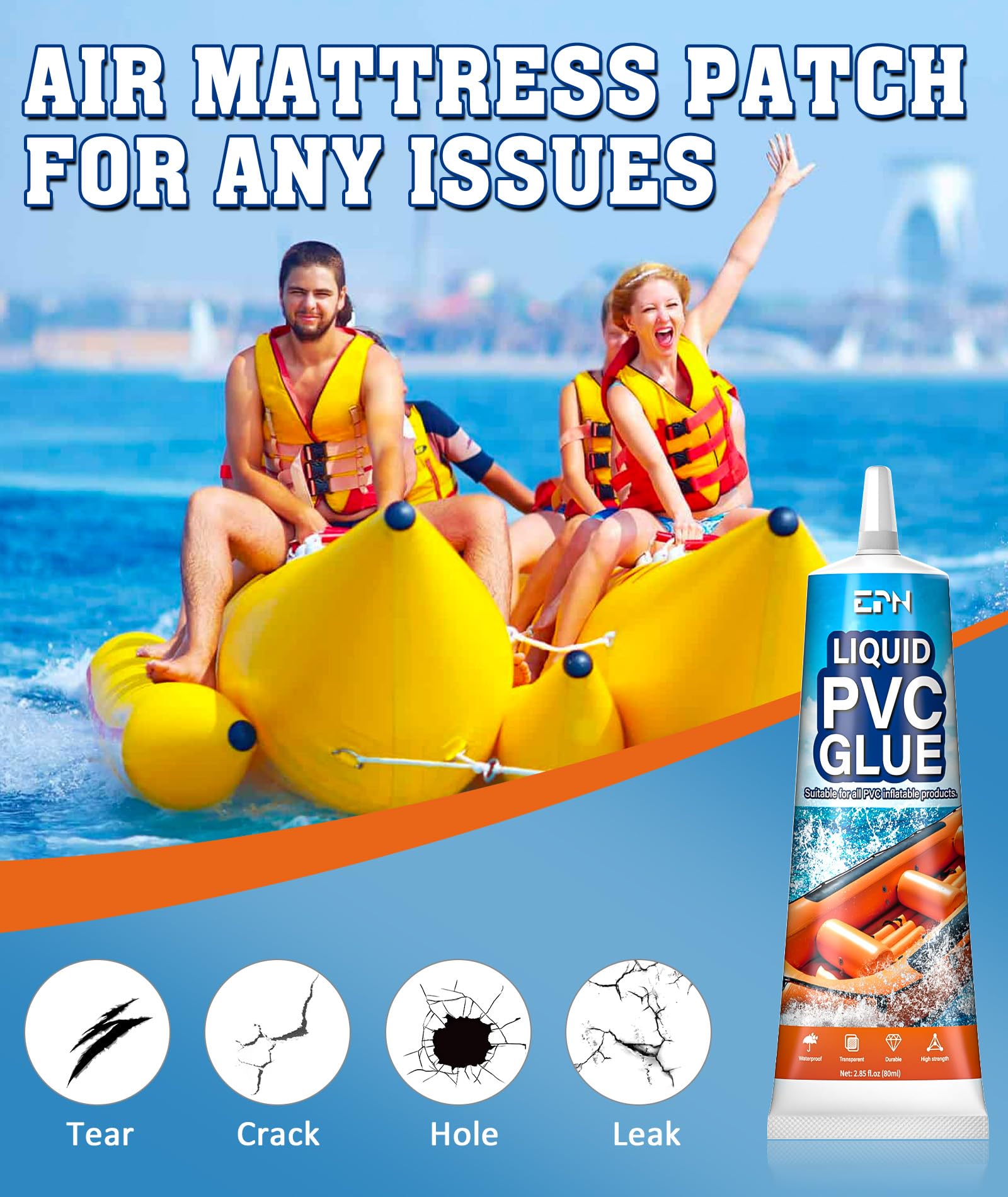 EPN Air Mattress Patch Kit, Waterproof Vinyl Pool Liner Repair Kit for Inflatables, Air Mattress, Swimming Ring, Tent, Bounce House, Inflatable Toys, Hot Tub, PVC Boat, Raft, Kayak (80ml*1)