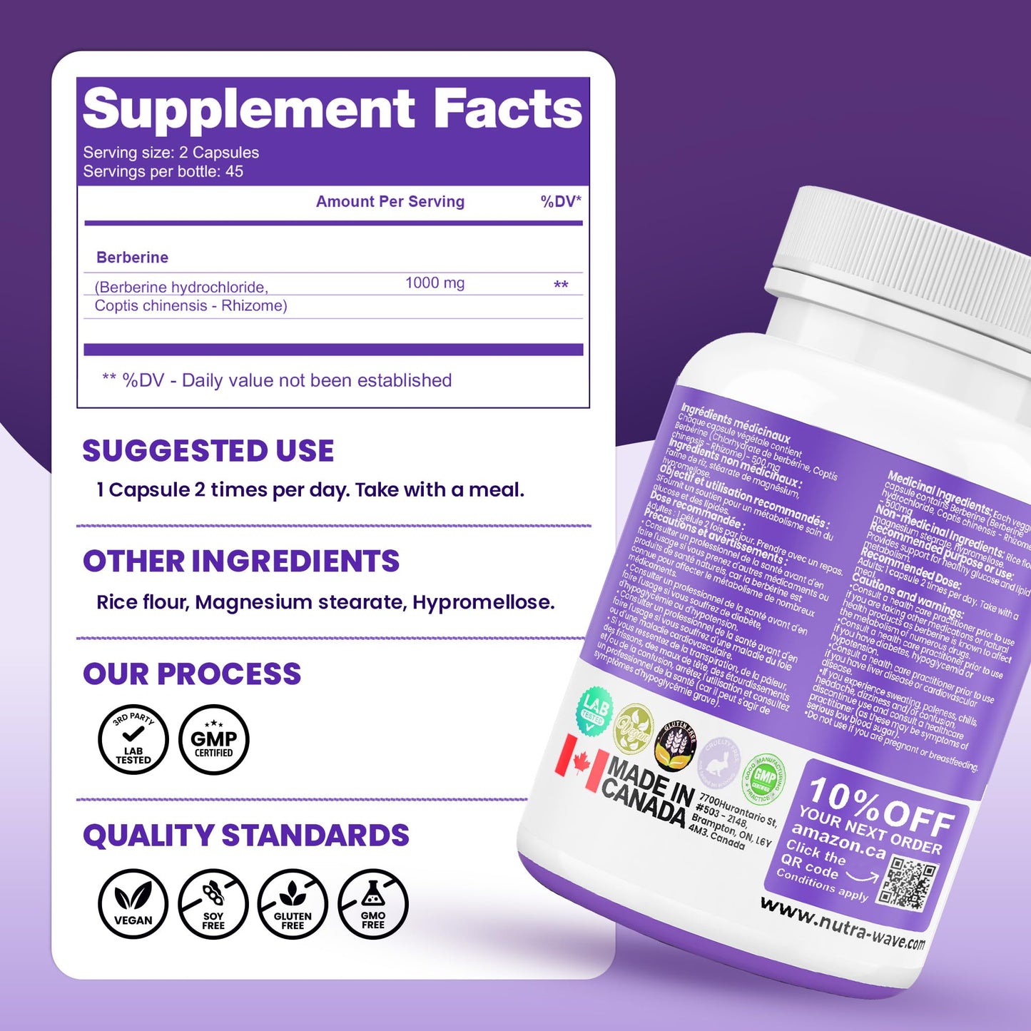 Nutrawave Pure Berberine Maximum Potency, 1000mg per Serving(Each Capsule 500mg), Supports Blood Sugar Levels, Healthy Lipid(Fat) & Glucose Metabolism, Non-GMO, Vegan, Gluten Free, 90 Capsules, 1 Pack