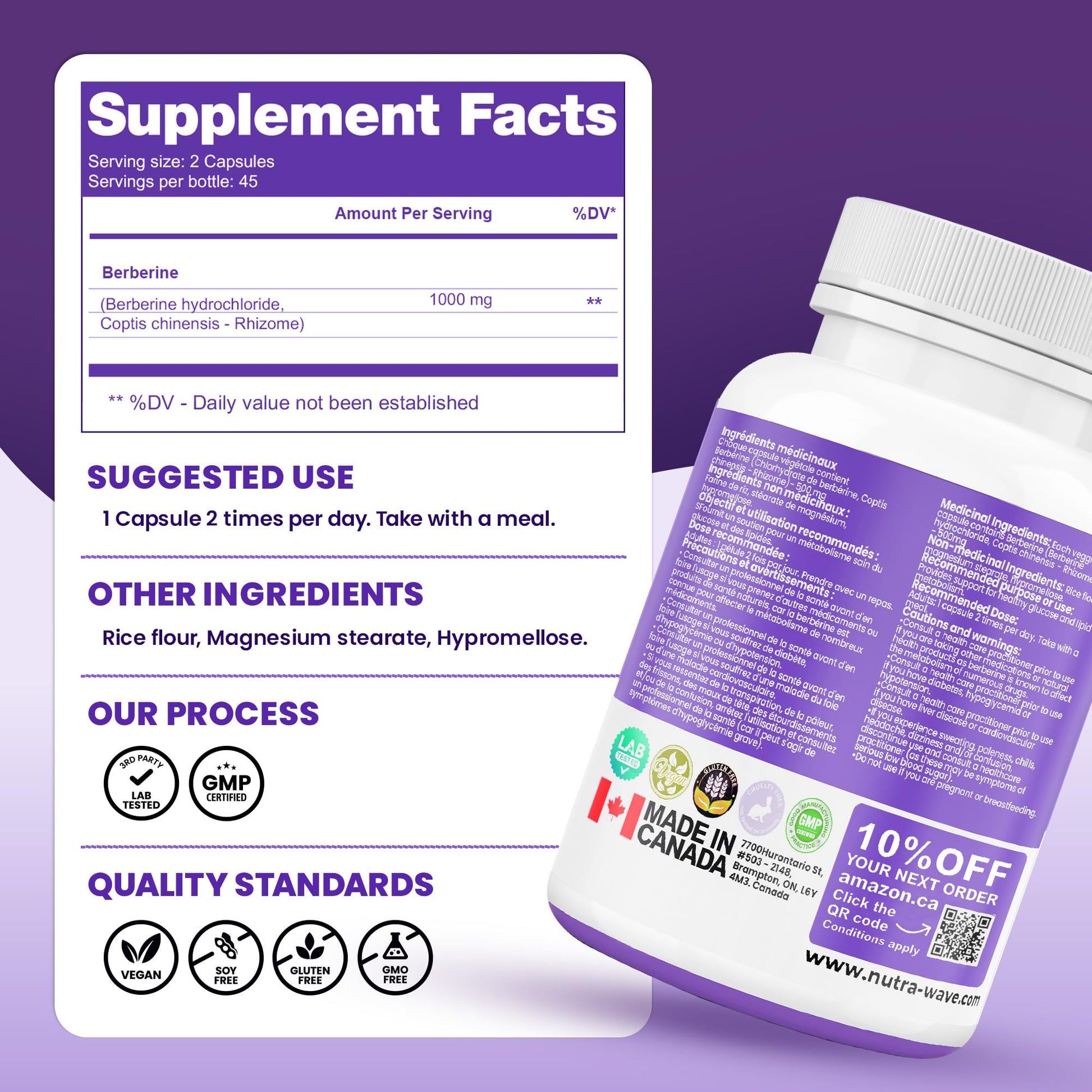 Nutrawave Pure Berberine Maximum Potency, 1000mg per Serving(Each Capsule 500mg), Supports Blood Sugar Levels, Healthy Lipid(Fat) & Glucose Metabolism, Non-GMO, Vegan, Gluten Free, 90 Capsules, 1 Pack