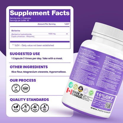 Nutrawave Pure Berberine Maximum Potency, 1000mg per Serving(Each Capsule 500mg), Supports Blood Sugar Levels, Healthy Lipid(Fat) & Glucose Metabolism, Non-GMO, Vegan, Gluten Free, 90 Capsules, 1 Pack
