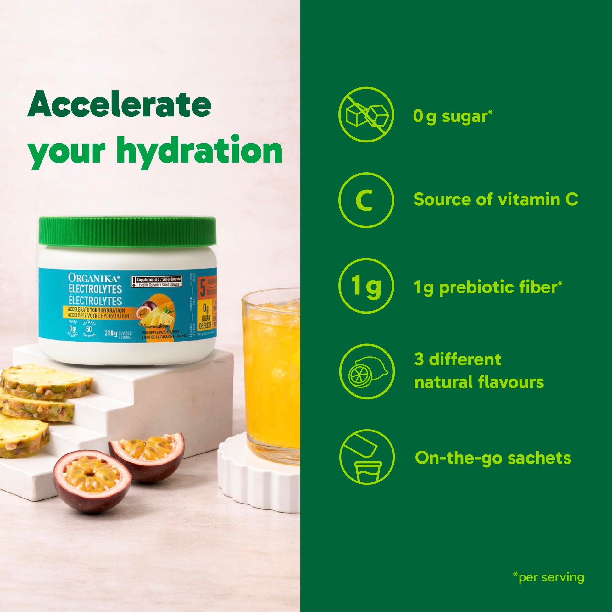 Organika Canadian-Made Electrolytes Powder with Vitamin C & Prebiotic Fibre - Sugar-Free Hydration Drink Mix - Pineapple PassionFruit - 210 g - 60 servings