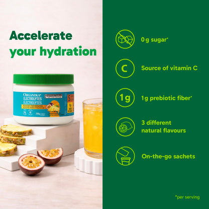 Organika Canadian-Made Electrolytes Powder with Vitamin C & Prebiotic Fibre - Sugar-Free Hydration Drink Mix - Pineapple PassionFruit - 210 g - 60 servings