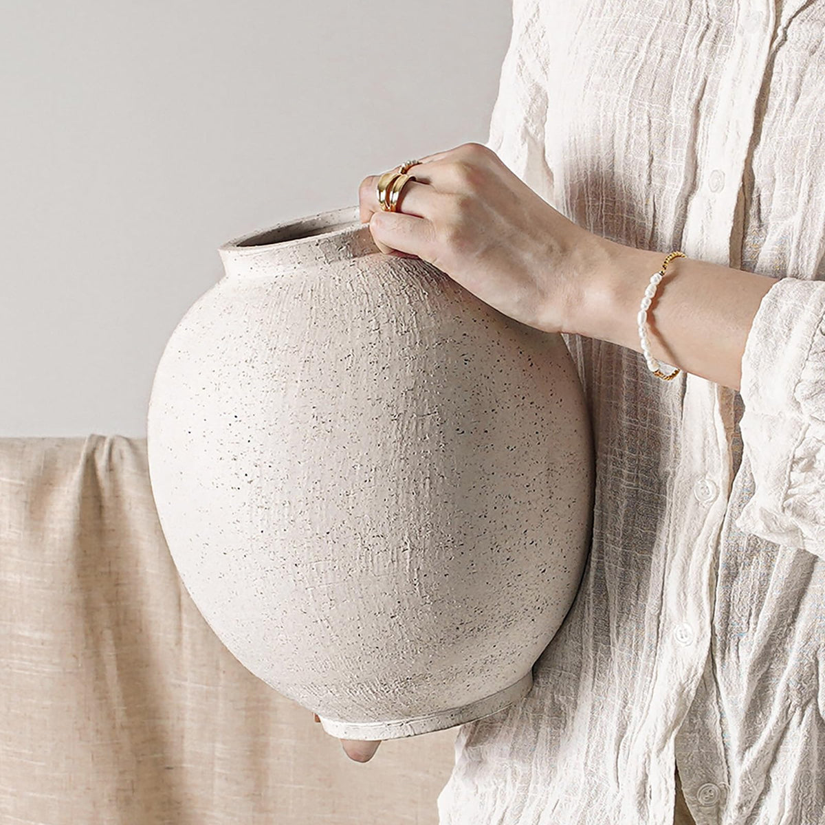 Large White Ceramic Vase - 9.8 Inch Rustic Farmhouse Vase for Home Decor, Minimalist Tall Vases for Living Room, Table, Bathroom, Holiday & Weddings (Sandstone White) 🍁 All In One Marketplace Canada