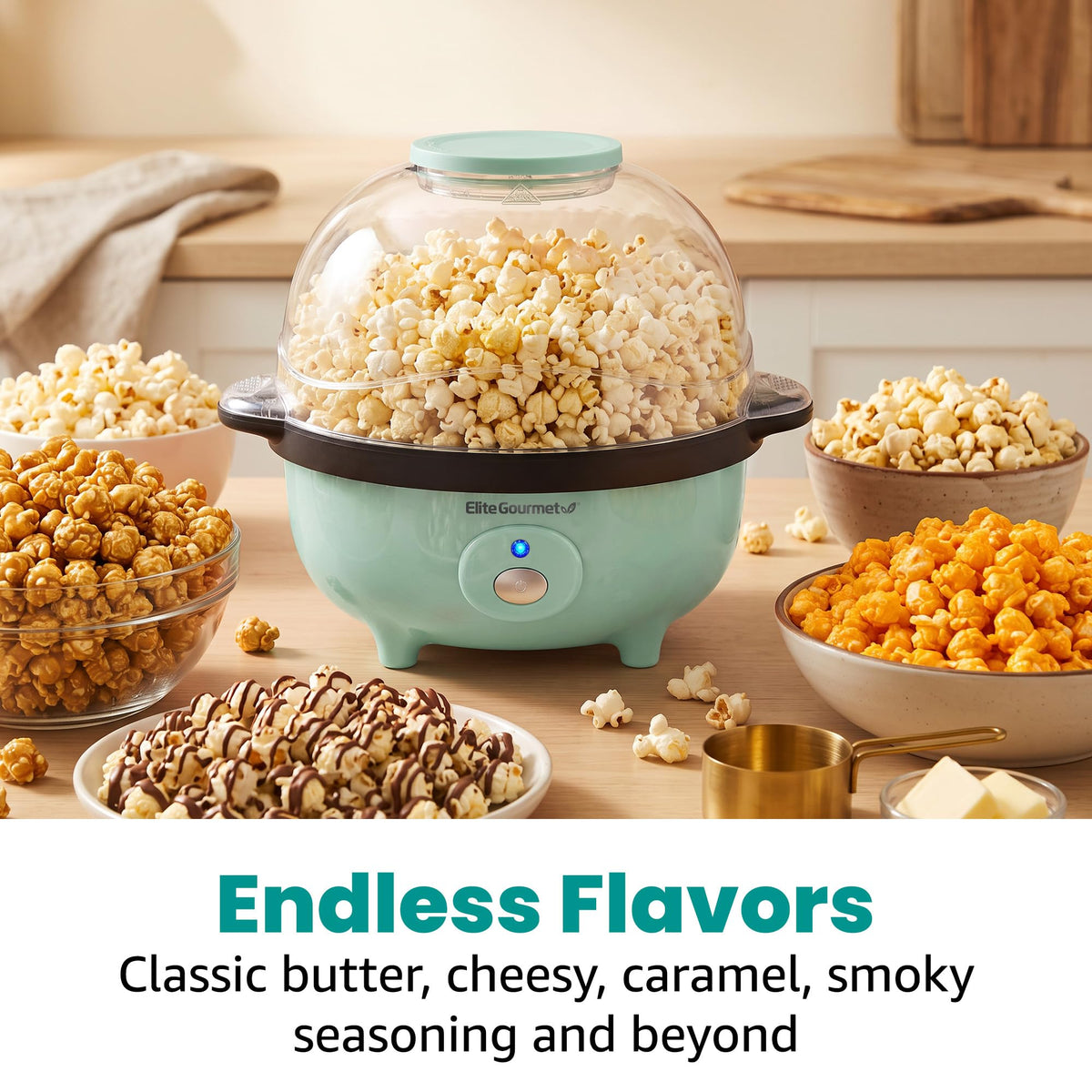 Elite Gourmet EPM330M Automatic Stirring Popcorn Maker Popper, Electric Hot Oil Machine with Measuring Cap & Built-in Reversible Serving Bowl, Great for Home Party Kids, ETL Approved, Mint, 3-Quart