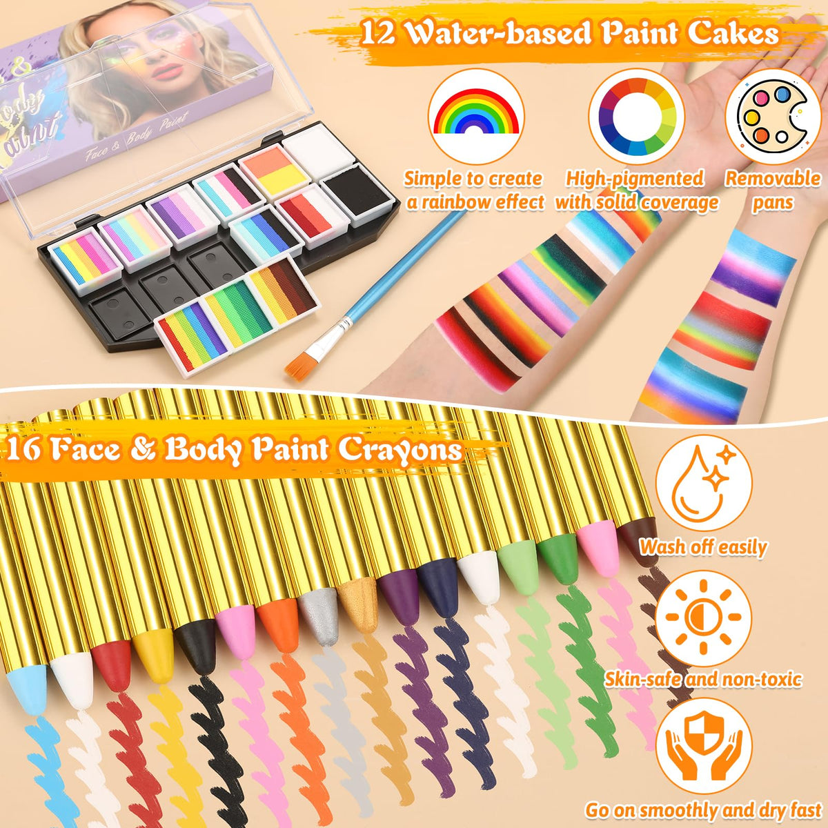 Face Painting Kit Professional for Kids Adults,12 x 10g Split Cake Face Paint Palette Water Activated Face Paint with Stencil Brush Sponge, Rainbow Facepaint Makeup Kit for Halloween Party Body Paint 🍁 All In One Marketplace Canada