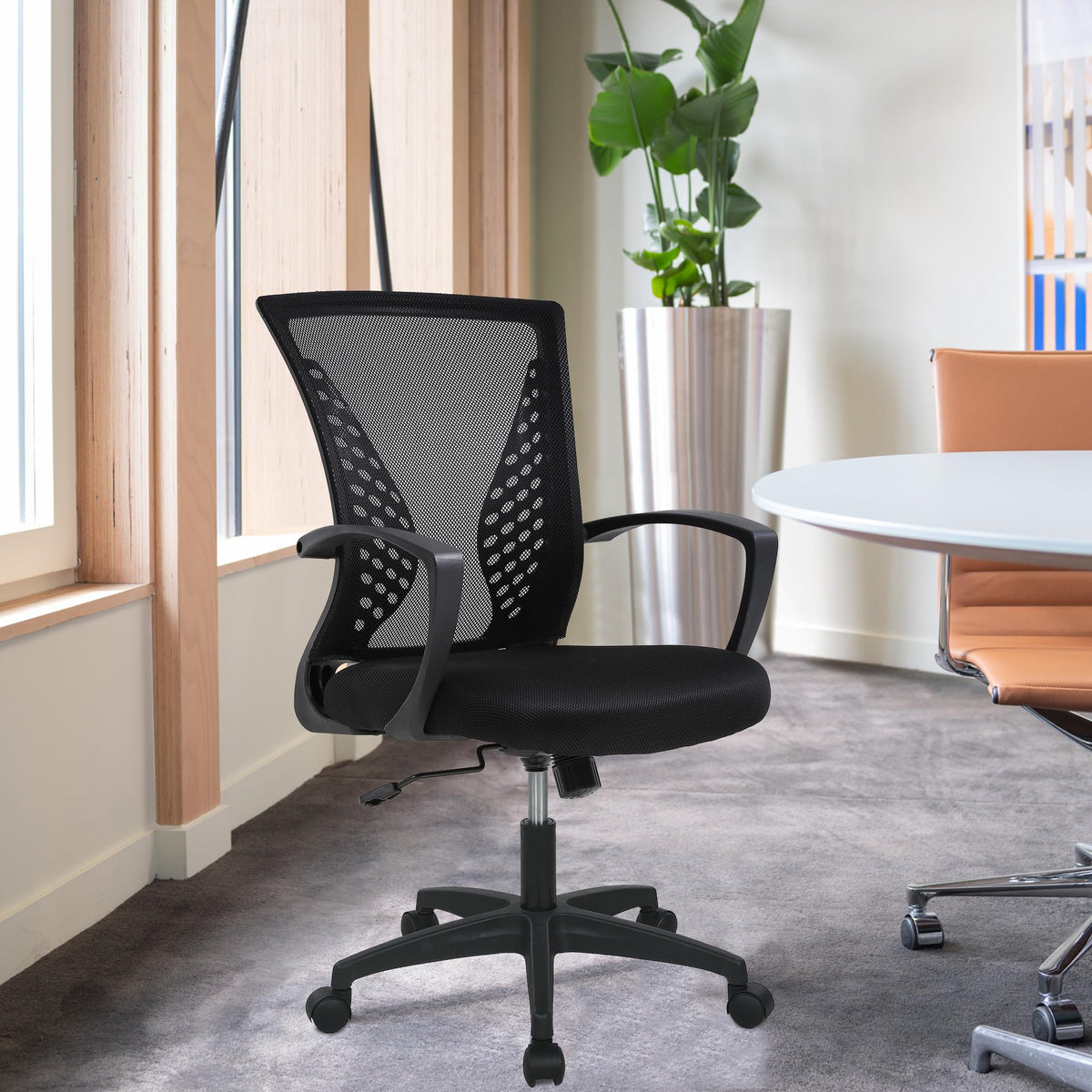 FDW Home Office Chair Mid Back PC Swivel Lumbar Support Adjustable Desk Task Computer Ergonomic Comfortable Mesh Chair with Armrest (Black)