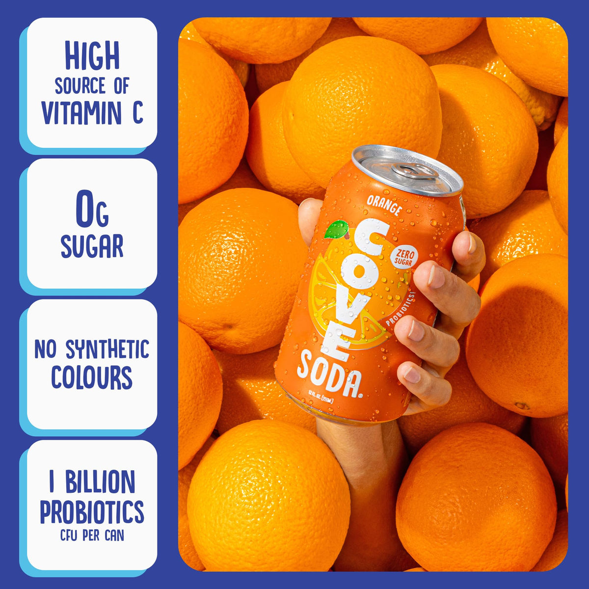Orange Probiotic Soda Drink by Cove, Zero Sugar Healthy Soda Alt, 355ml, 12
