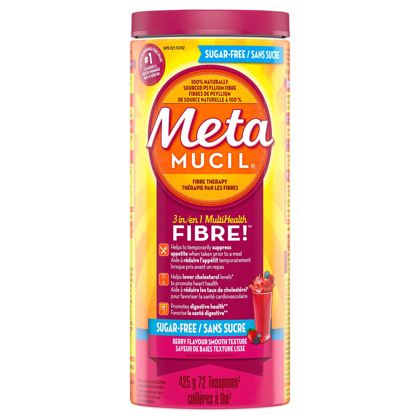 Metamucil, Daily Psyllium Husk Powder Supplement, Sugar-Free, 4-in-1 Fibre for Digestive Health, Berry Smooth Flavored Drink, 72 Servings Metamucil