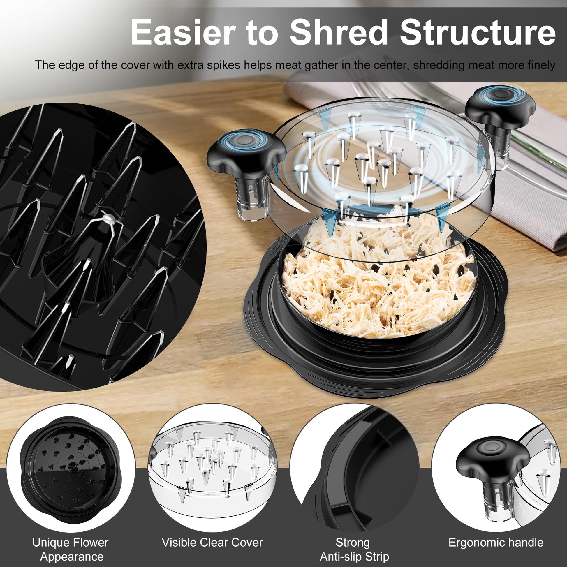 Chicken Shredder Tool Twist Large Chicken Breast Shredder with Brush&Fork, Visible Meat Shredder Machine, Strong Anti-Slip Strip, Ergonomic Handle, BPA Free, Suitable for Pork Beef Chicken (Black) - Available at All In One Marketplace Canada