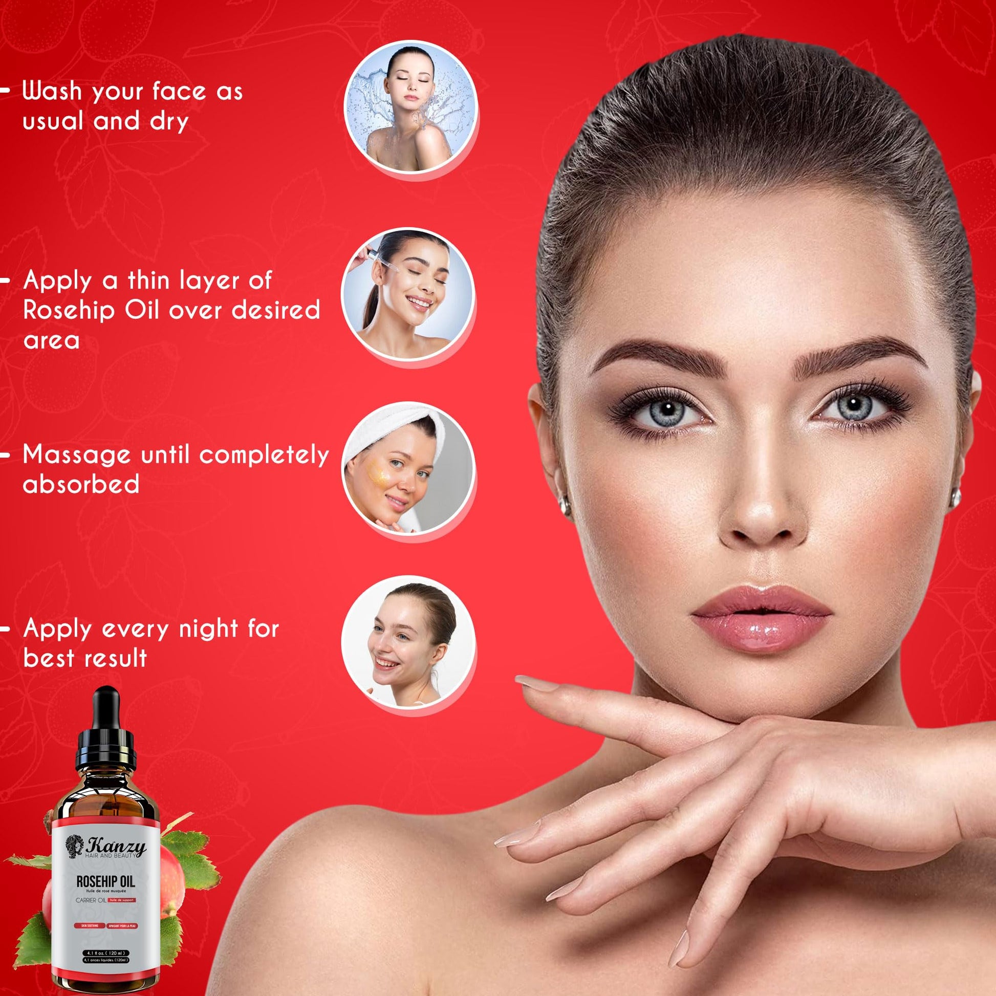 Kanzy Rosehip Oil for Face 120ml - Cold-Pressed Rosehip Oil for Skin, Hair, Nails & Body | Vegan & Cruelty-Free Moisturizing Oil for Daily Use - Available at All In One Marketplace Canada