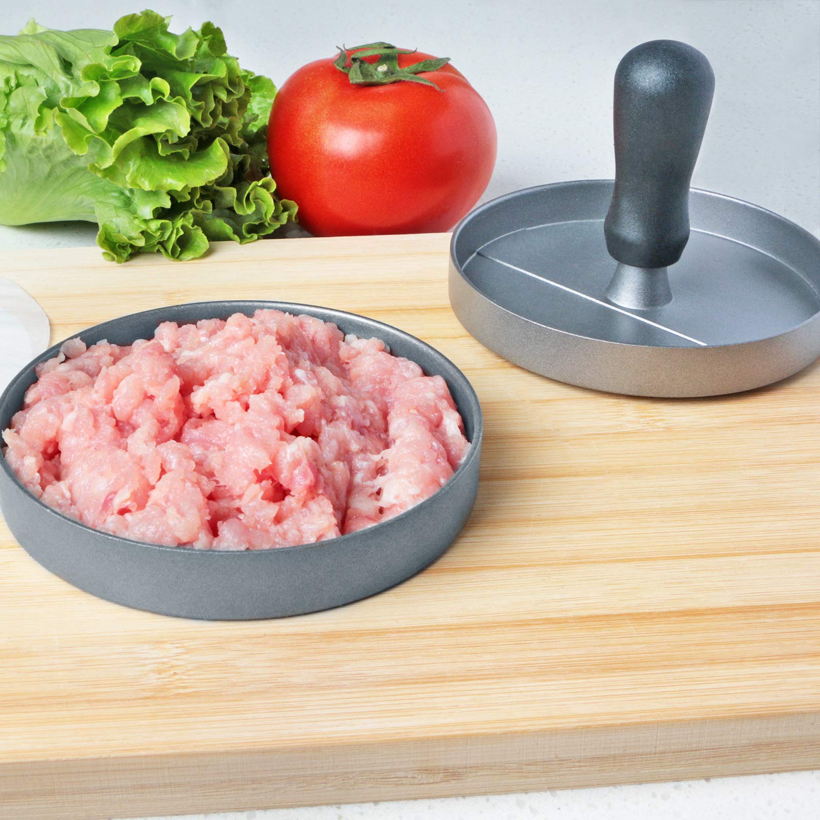 Asdirne Hamburger Press Patty Maker, Food Grade Aluminum Burger Press with ABS Handle, Non-Stick, Easy to Clean, with 50 Pcs Wax Patty Paper, 4.6" Diameter and 0.7" Depth - Available at All In One Marketplace Canada