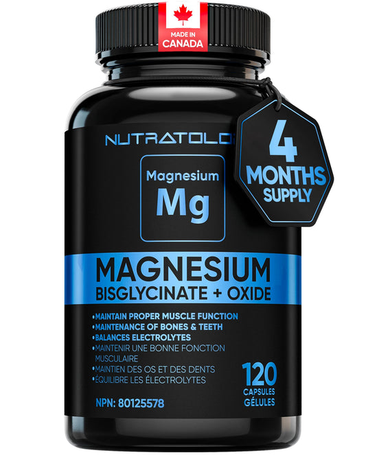 Nutratology® Magnesium Bisglycinate + Oxide | Canadian-Made | Relaxes Muscles, Improves Sleep Quality, Maintains Proper Muscle Functions & Enhances Bone Density | 250MG Per Capsule | 120 Capsules