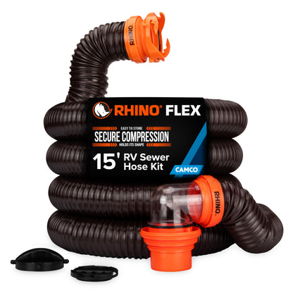 Camco RhinoFLEX 15' Camper/RV Sewer Hose Kit — Includes 4-in-1 Adapter, Clear Elbow, & Caps — Connects to 3″ Slip & 3″, 3 1/2″, 4″ NPT Threaded Sewer Connections (39770)