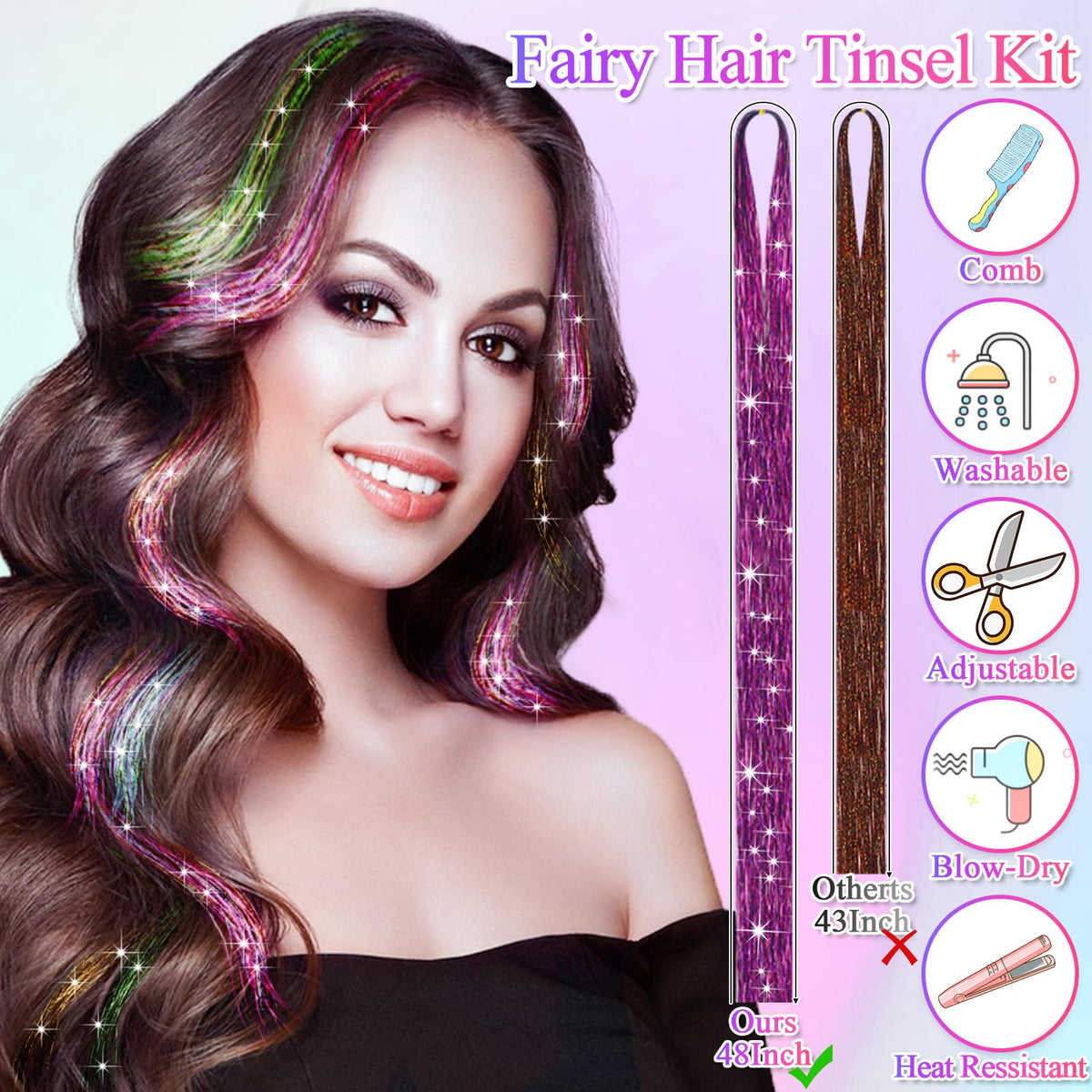 25 Colors Fairy Hair Tinsel Kit 5000 Hair Glitter Strands 48 Inch Heat Resistant Tinsel Hair Extensions Sparkling Shiny Highlights Hair Tinsel with Tools for Christmas Halloween New Year Cosplay Party 🍁 All In One Marketplace Canada
