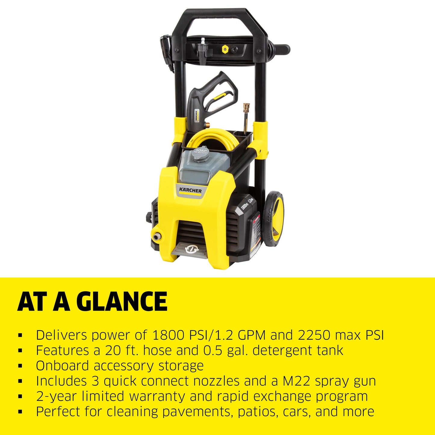 Kärcher K1800PS Max 2250 PSI Electric Pressure Washer with 3 Spray Nozzles - Great for Cleaning Cars, Siding, Driveways, Fencing and More - 1.2 GPM KÄRCHER