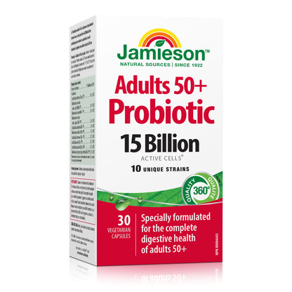 Jamieson Adult 50+ Probiotic 15 Billion Active Cells, Bifidobacterium Boost, Supports Digestive Health and Intestinal Health. 10 Unique Strains, Including Lactobacillus and Bifidobacterium, Non-GMO, Gluten-Free, 30 Vegetarian capsules
