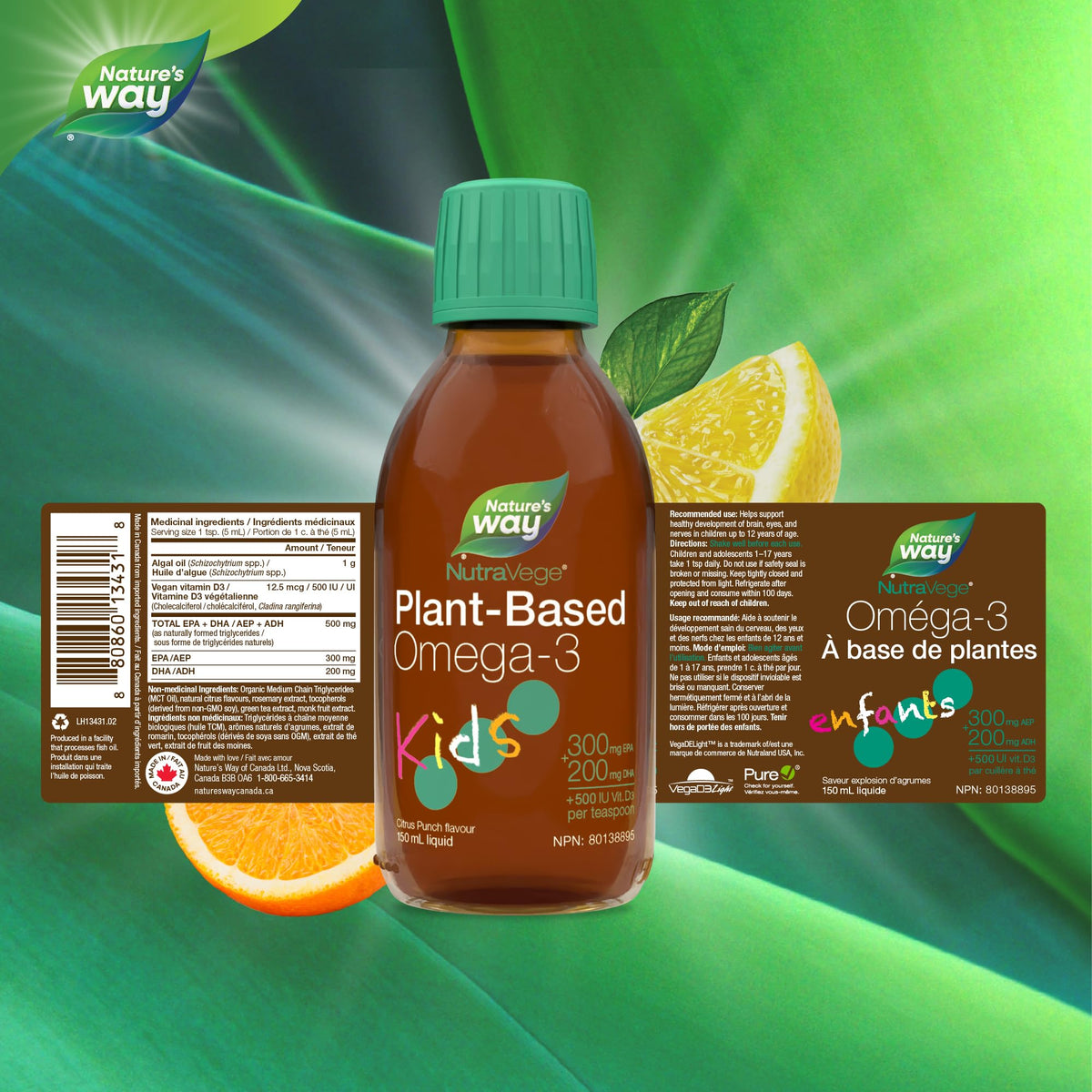 Nature's Way NutraVege Kids Omega-3 Supplement, Plant-Based, Vegetarian, Vegan-friendly, 500 mg of EPA + DHA, 500 IU Vegan Vitamin D3, Citrus Punch, 150 ml Liquid