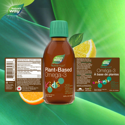 Nature's Way NutraVege Kids Omega-3 Supplement, Plant-Based, Vegetarian, Vegan-friendly, 500 mg of EPA + DHA, 500 IU Vegan Vitamin D3, Citrus Punch, 150 ml Liquid