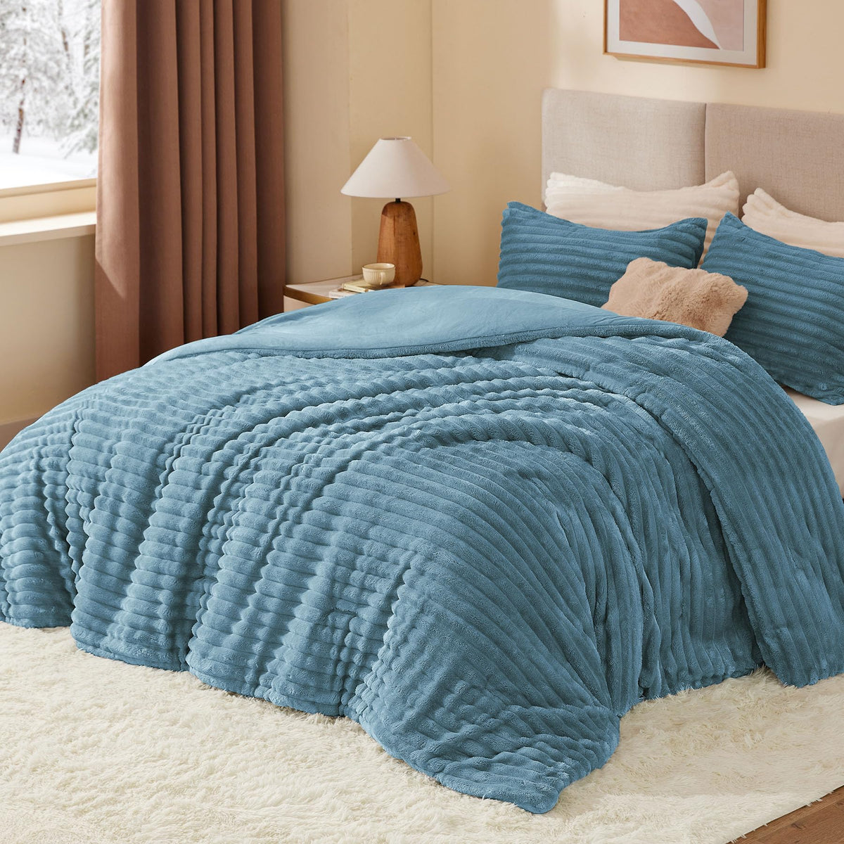 BEDELITE Fleece Queen Comforter Set, Soft Fluffy Bedding Set, Haze Blue 🍁 All In One Marketplace Canada