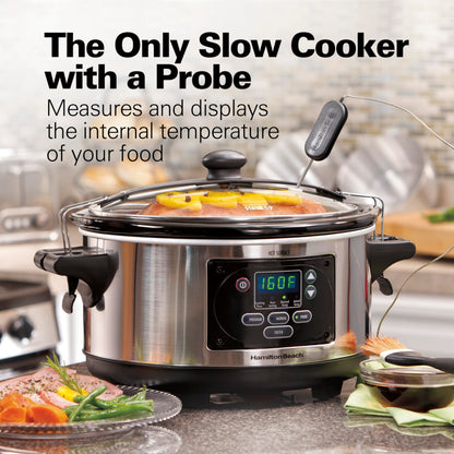 Hamilton Beach Set & Forget Programmable Slow Cooker, 6 Quart (5.7 L), Stainless Steel, Temperature Probe, Lid Lock for Travel, Dishwasher Safe Crock & Lid, Model 33969AG