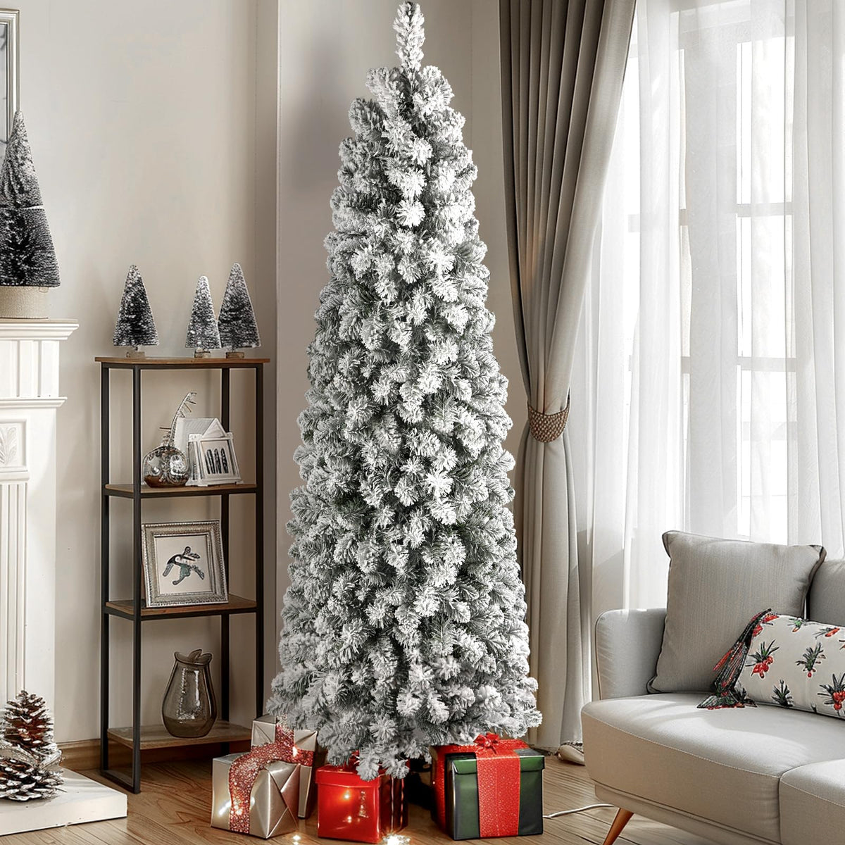 SHareconn 6.5ft Prelit Snow Flocked Artificial Slim Pencil Christmas Tree 🍁 All In One Marketplace Canada