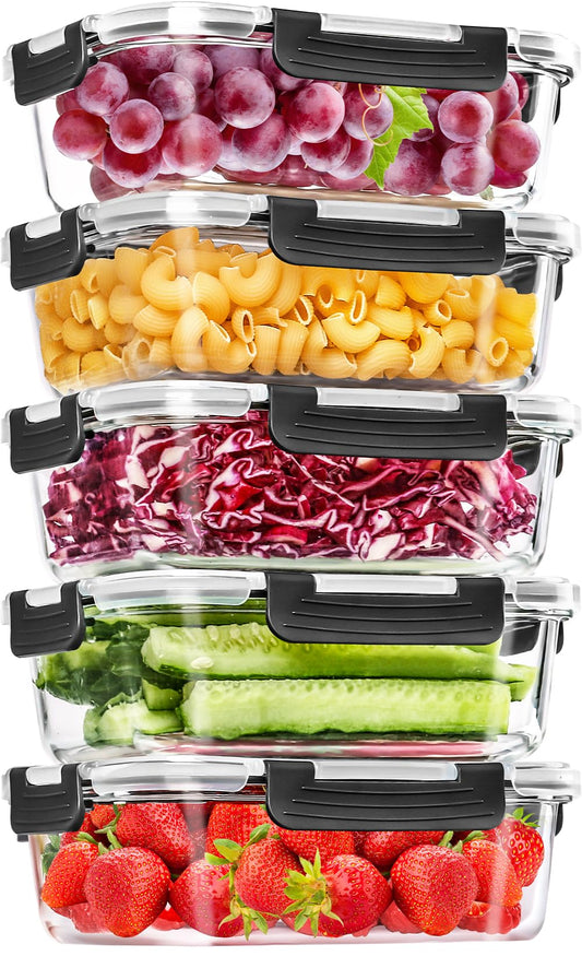 Skroam 5-Packs 36OZ Glass Food Storage Containers with Lids Airtight, Glass Meal Prep Container for Lunch, Pantry Organizers and Storage, Glass Lunch Boxes for Freezer to Oven Safe, Leak Proof - Available at All In One Marketplace Canada