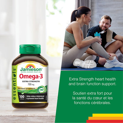 Jamieson Extra Strength Omega-3 700 mg, No Fishy Aftertaste, Supports Heart, Brain, and Eye Health, Arthritis Support. With EPA and DHA, Non-GMO, Gluten-Free, 100 Softgels, Proudly Canadian Jamieson