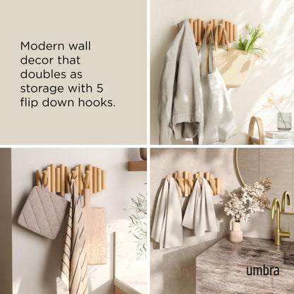 Umbra Picket Coat Rack Wall Mount – 5 Flip-Down Wood Coat Hooks, Modern & Functional Storage, Easy Install Wall Hooks, Natural Umbra