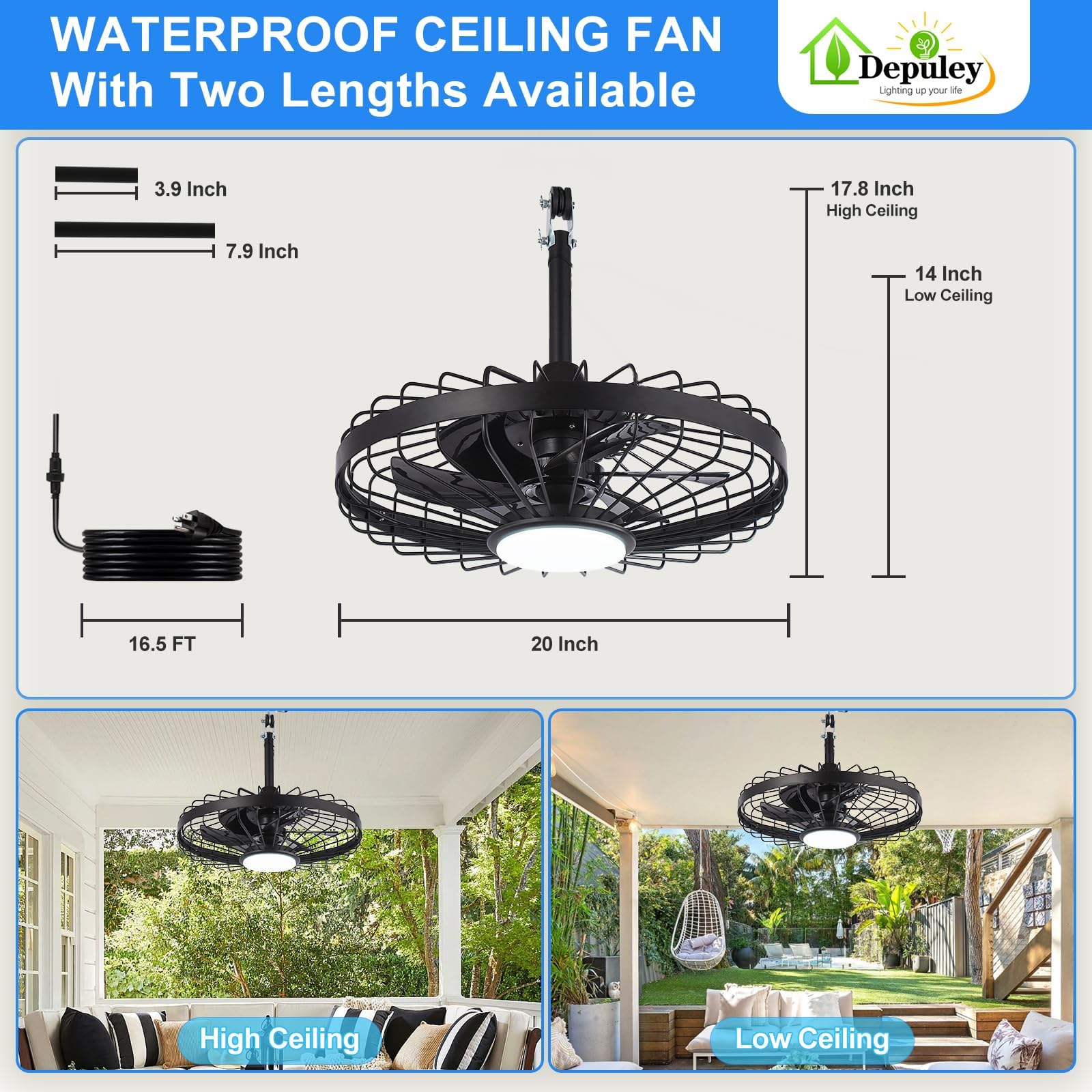 Depuley Outdoor Ceiling Fan with Light: 20 Inch Waterproof Gazebo Fans with Lights Outdoor Hanging - Plug in Remote App Control Caged Fans for Patios Pergola Porch Canopy - 6 Speed Black