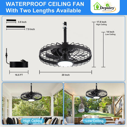 Depuley Outdoor Ceiling Fan with Light: 20 Inch Waterproof Gazebo Fans with Lights Outdoor Hanging - Plug in Remote App Control Caged Fans for Patios Pergola Porch Canopy - 6 Speed Black