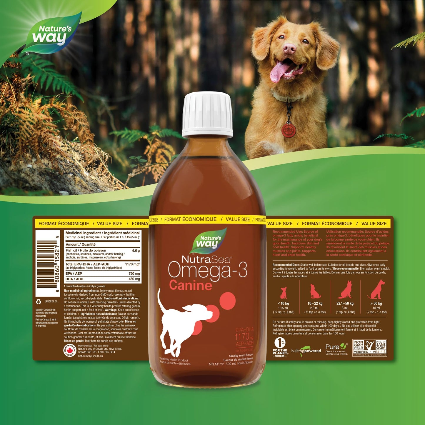 Nature’s Way NutraSea Omega-3 Canine Supplement for Dogs – Helps Support Dogs’ Skin, Coat, Muscles, Joints, Heart & Brain – 1170 mg of EPA + DHA – Smoky Meat Flavour, 500 mL