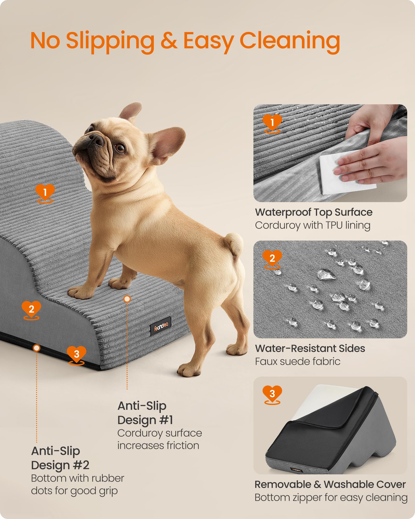Feandrea 3-Step Dog Stairs, Dog Steps for Bed, Sofa, Waterproof Pet Stairs with Anti-Slip Designs, Gentle Slope, Removable Washable Cover, Handle, Dove Grey UPPS003G01 Feandrea