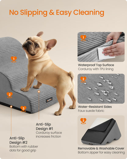 Feandrea 3-Step Dog Stairs, Dog Steps for Bed, Sofa, Waterproof Pet Stairs with Anti-Slip Designs, Gentle Slope, Removable Washable Cover, Handle, Dove Grey UPPS003G01 Feandrea