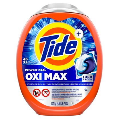 Tide Oxi Max Power PODS Laundry Detergent Pods, Stain Remover Plus Oxi Power, Detergent soap pacs for laundry washing, HE compatible, 45 Count - Available at All In One Marketplace Canada