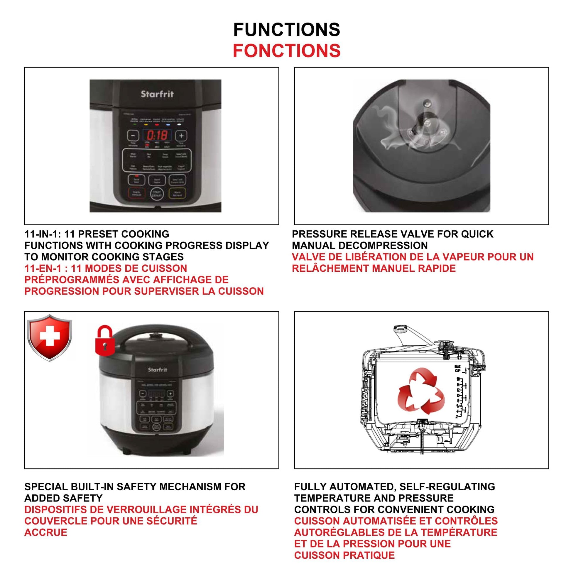 Starfrit Electric Pressure Cooker - 8L Capacity - Steam Tray, Measuring Cup & Spatula - 11 Preset Cooking Functions Starfrit