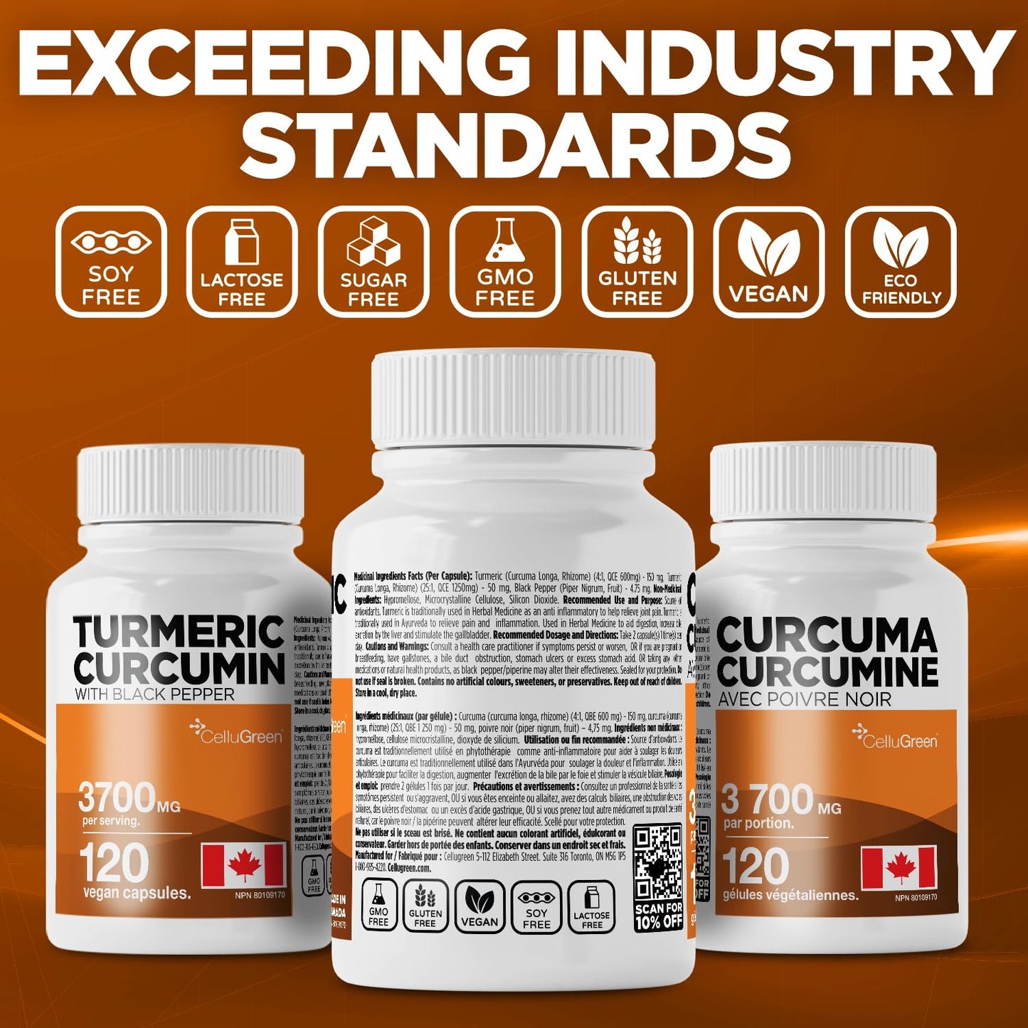 CelluGreen Turmeric Curcumin 3,700mg with Black Pepper Extract — 95% Curcuminoids for Joint Pain Relief & Anti-Inflammatory Support | Curcuma Longa | Non-GMO, Gluten-Free, Made in Canada | 120 Capsules - Available at All In One Marketplace Canada