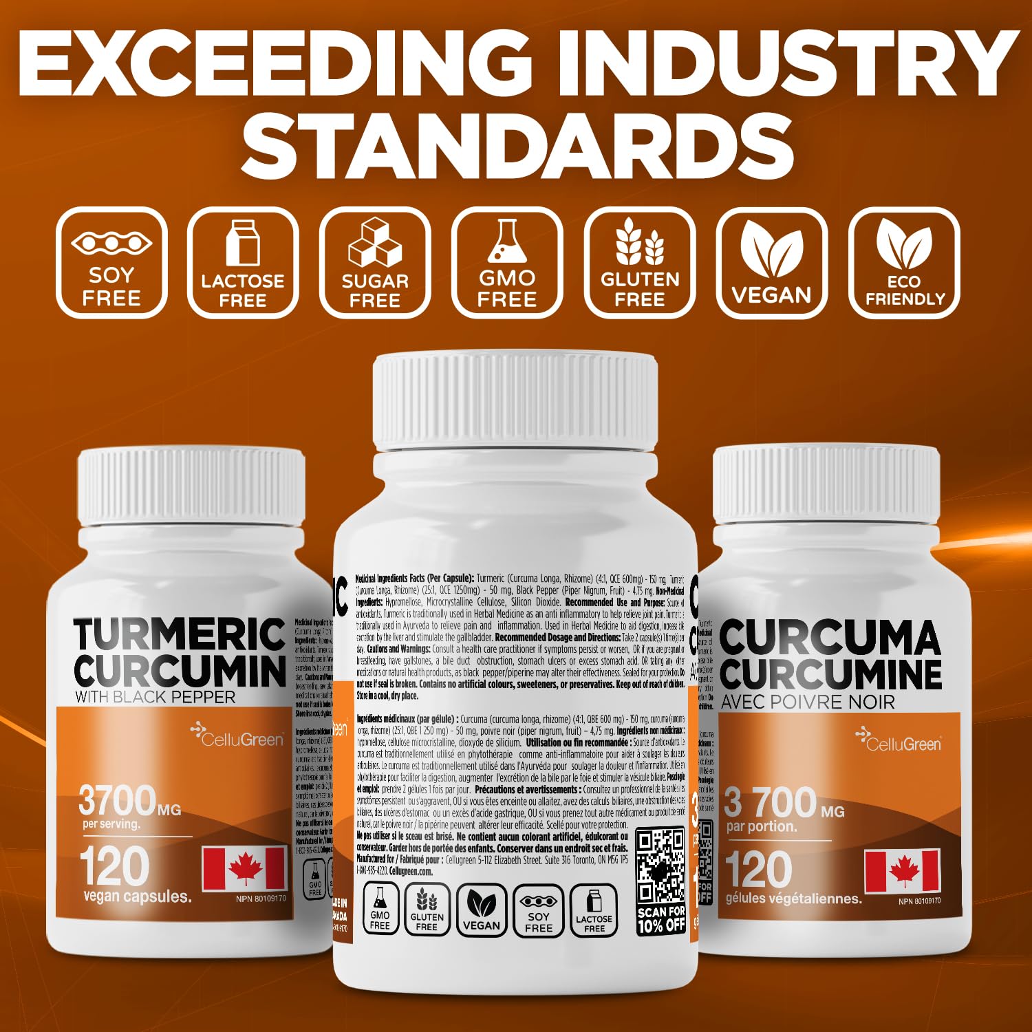 CelluGreen Turmeric Curcumin 3,700mg with Black Pepper Extract — 95% Curcuminoids for Joint Pain Relief & Anti-Inflammatory Support | Curcuma Longa | Non-GMO, Gluten-Free, Made in Canada | 120 Capsules - Available at All In One Marketplace Canada