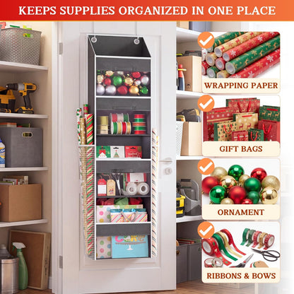 Over Door Wrapping Paper Organizer Storage with 3 Removable Drawers & Side Pockets – Dual Use Design with Elastic Straps – Christmas Gift Wrap Storage for Ribbons, Bows, Ornament and Other Tools 1Pack 🍁 All In One Marketplace Canada