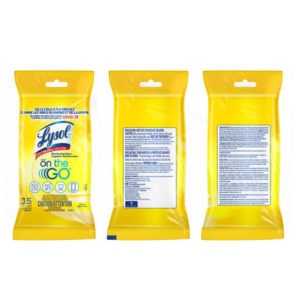 Lysol Disinfecting Wipes, Lysol On the Go, Citrus, Kills 99.9% of Viruses & Bacteria, Bulk Pack of 24, 360 count (24 x 15 count)