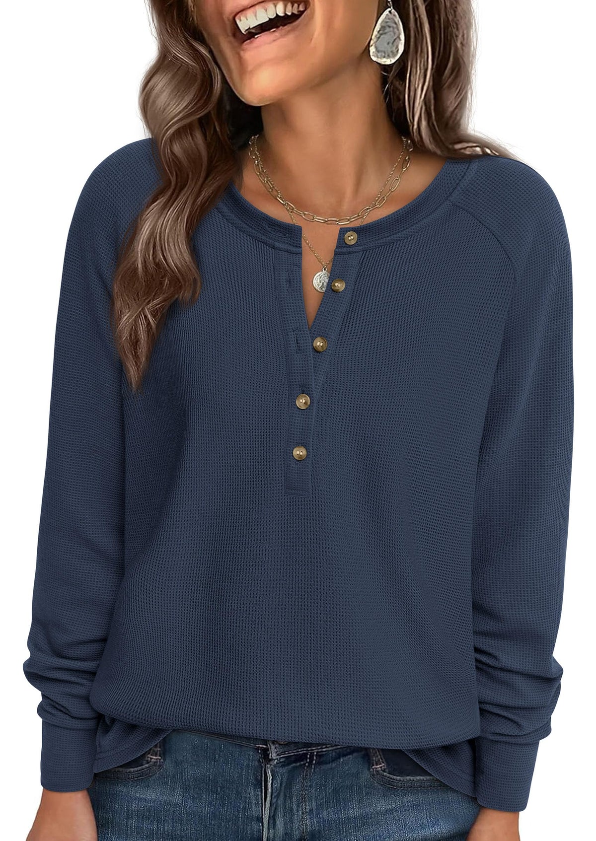 PRETTYGARDEN Women's Long Sleeve Waffle Knit Henley Shirts Navy Blue,M 🍁 All In One Marketplace Canada